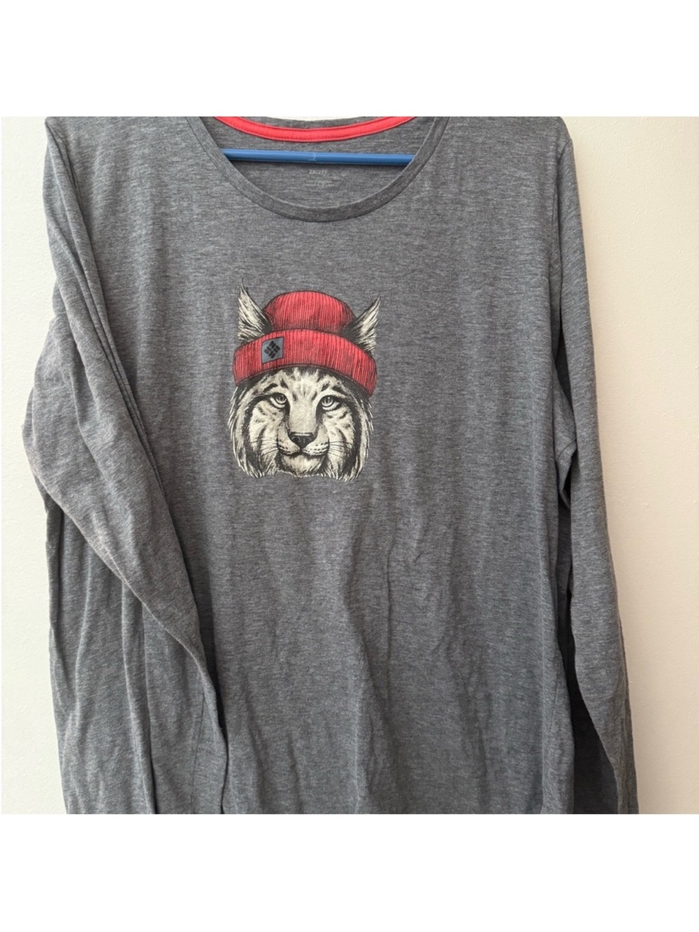 Gray Long Sleeve Tee with Cat Graphic Wearing Red Beanie. 2X